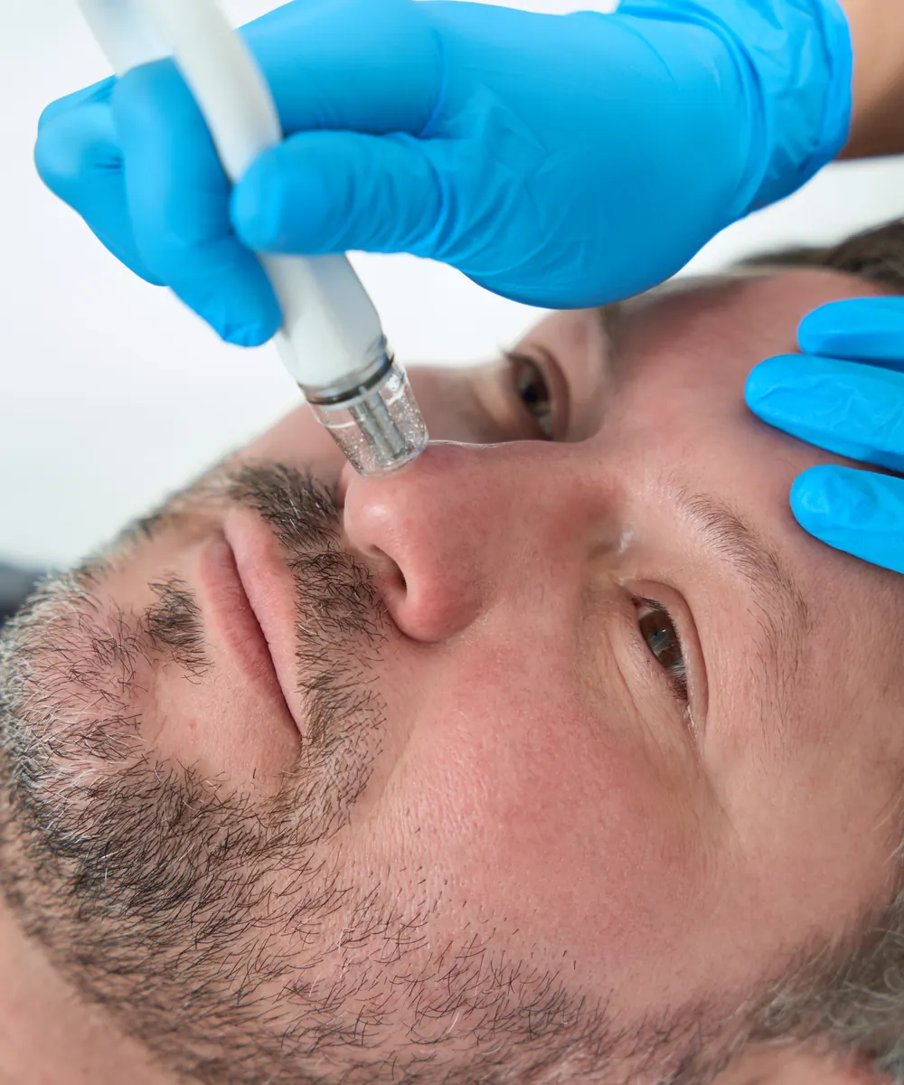 Blue gloved hands guide a pen style microneedling device beside a bearded man's nose