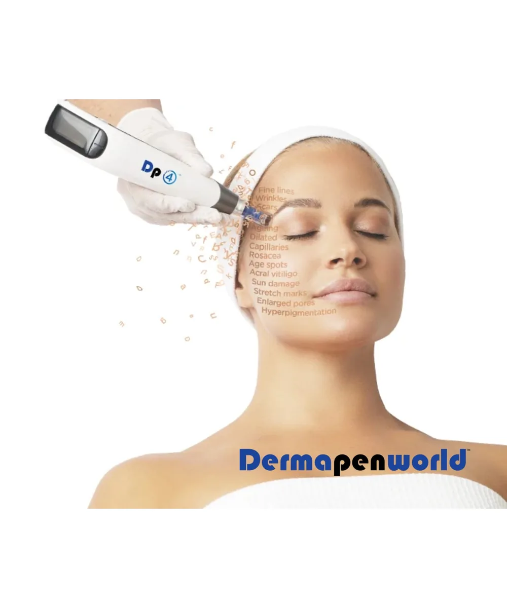 Gloved hand holds a white Dermapen 4 microneedling pen to a woman's forehead, with the Dermapenworld logo